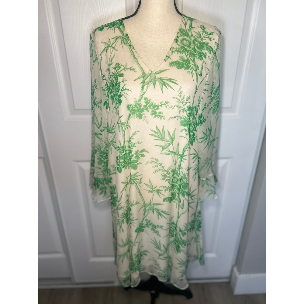 Essentiel Antwerp‎ Silk Green Toile Silverlyn Floral Bell Sleeve Dress Size 6 38